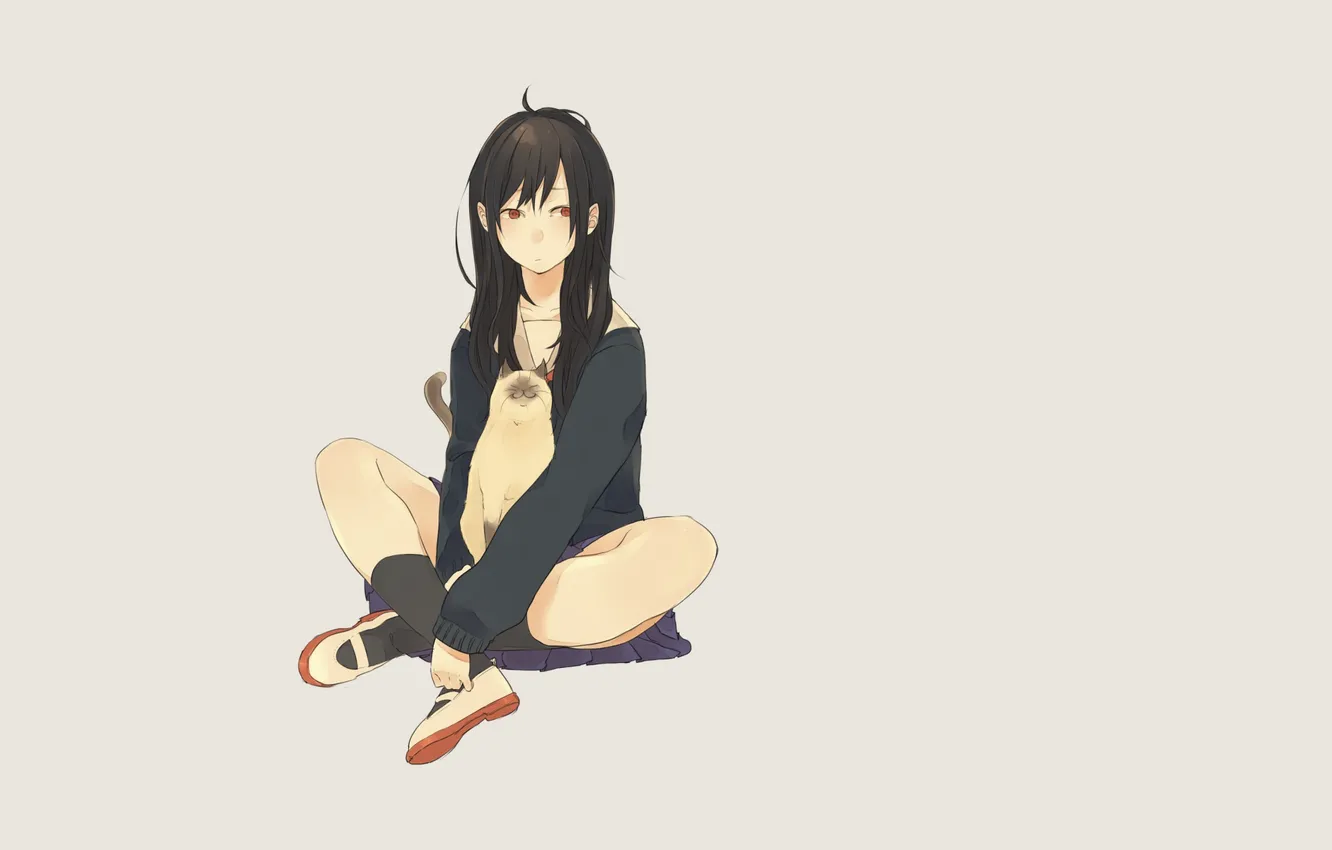 Photo wallpaper sadness, cat, girl, skirt, minimalism, sitting, light background, red eyes