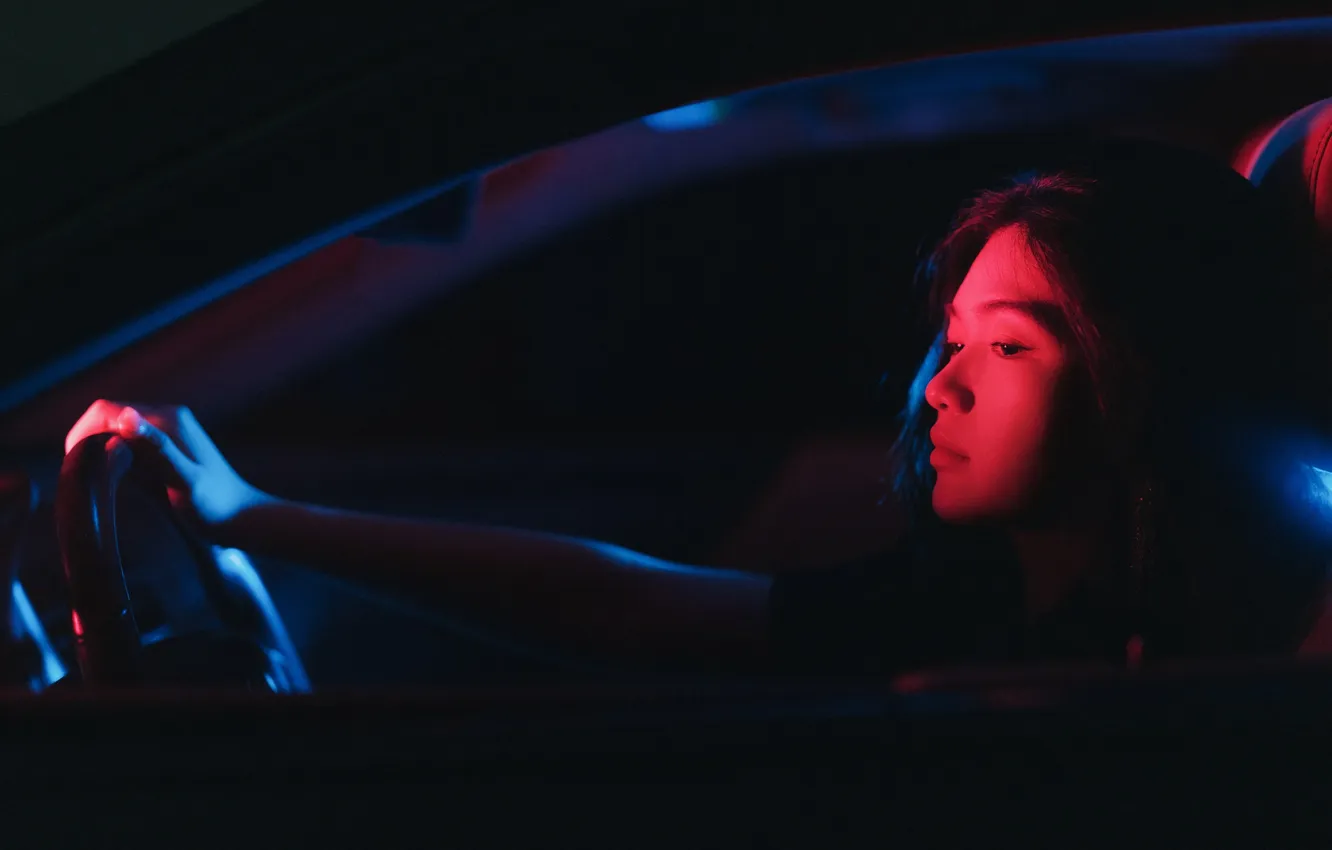 Photo wallpaper car, woman, night, beautiful, model, pretty, red light, asian