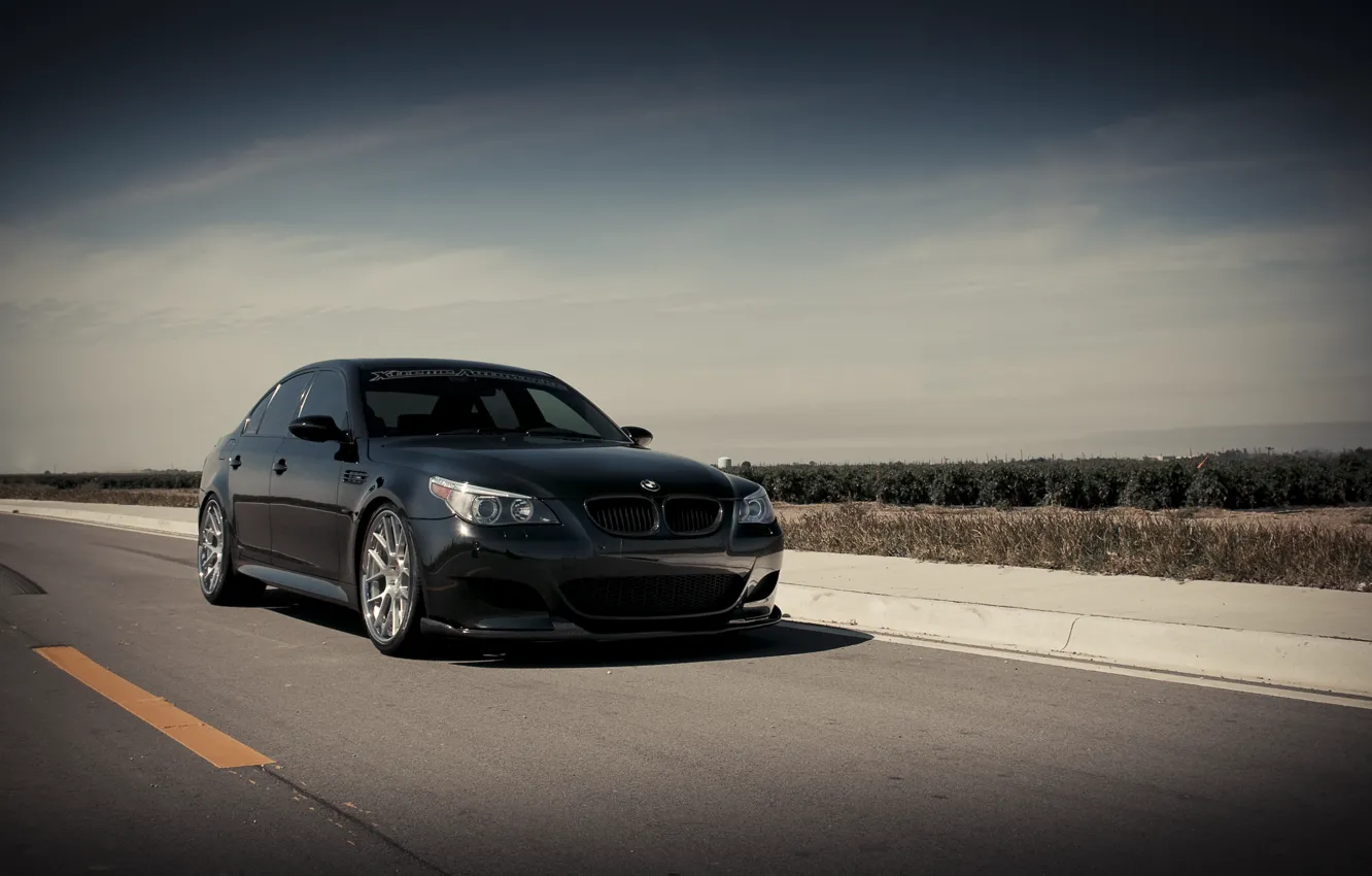 Photo wallpaper the sky, clouds, black, BMW, BMW, black, the front part, E60