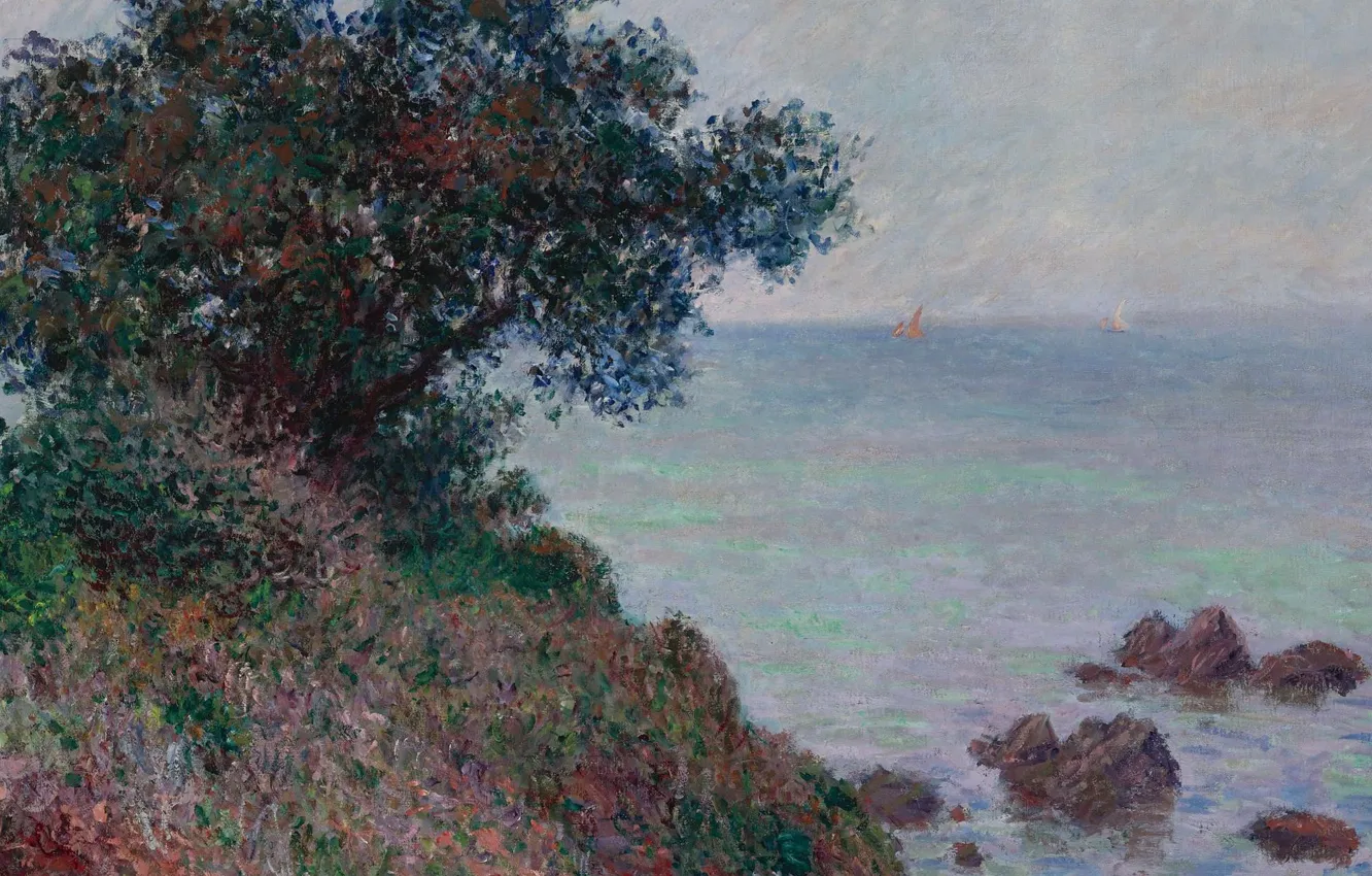 Photo wallpaper sea, trees, landscape, stones, rocks, Claude Monet, Claude Monet, The Mediterranean Coast. Cloudy Weather