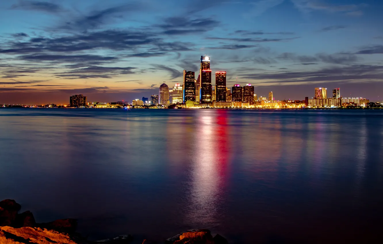 Photo wallpaper river, Michigan, night city, skyscrapers, Detroit, Detroit, Michigan, the Detroit river