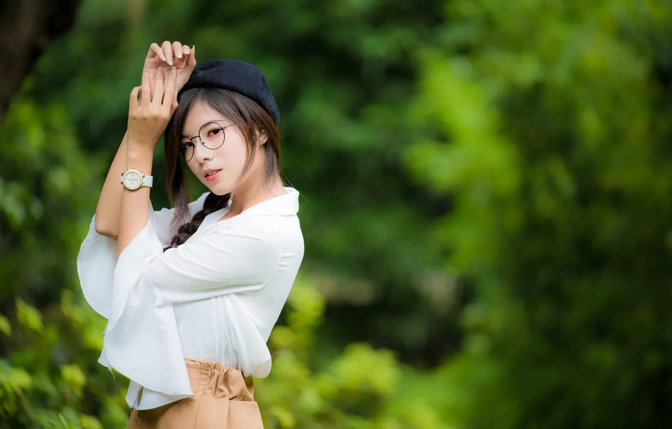 Photo wallpaper girl, pose, watch, hands, glasses, Asian, cutie, takes
