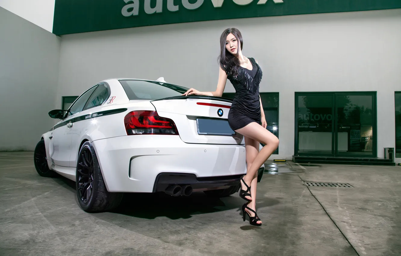 Photo wallpaper Girls, BMW, Asian, beautiful girl, white car, beautiful dress, vhglyad, posing on the car