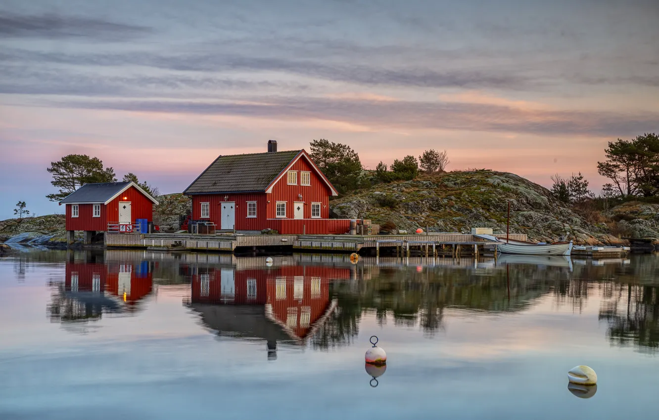 Photo wallpaper clouds, red, lake, reflection, hills, home, Norway, house