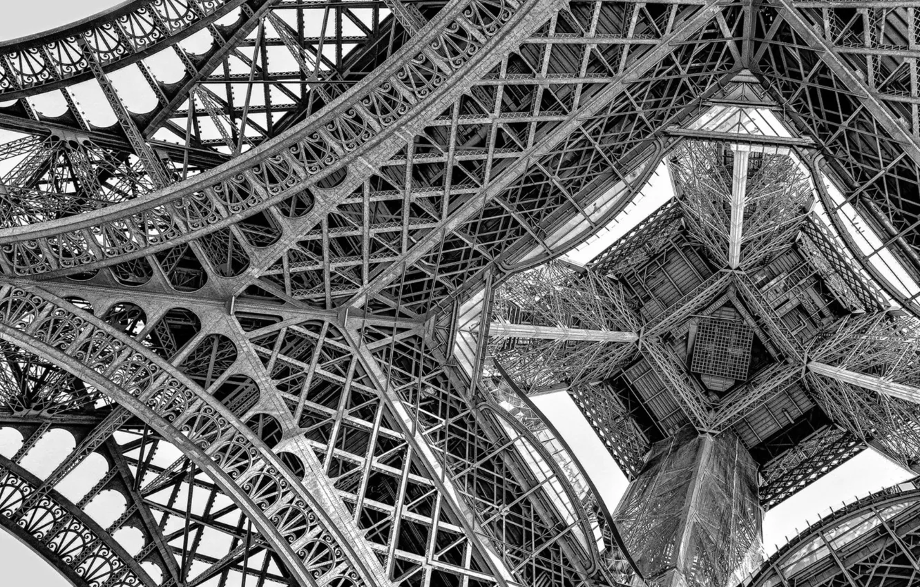 Photo wallpaper design, construction, Eiffel tower, bottom view, b\W photo, iron beams