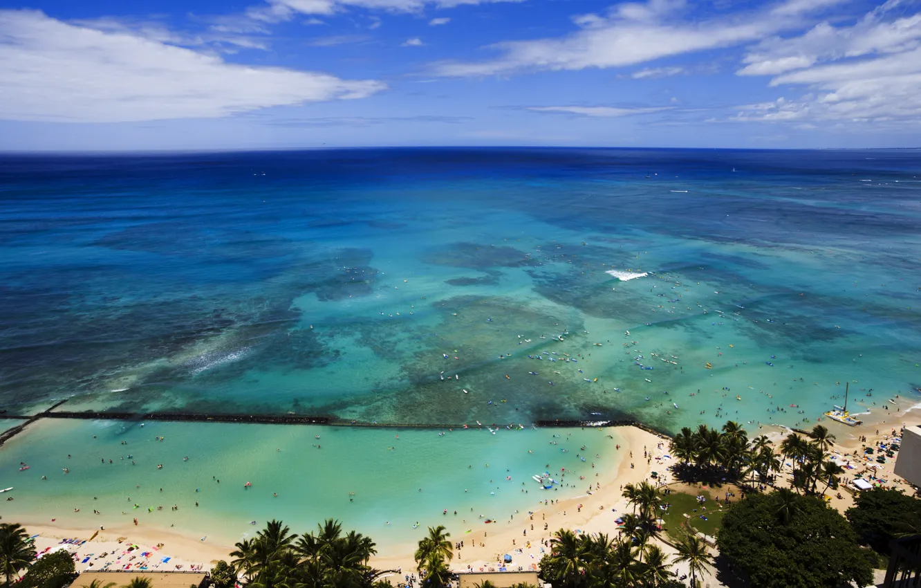 Photo wallpaper the sky, clouds, palm trees, the ocean, Hawaii, USA, USA, Hawaii