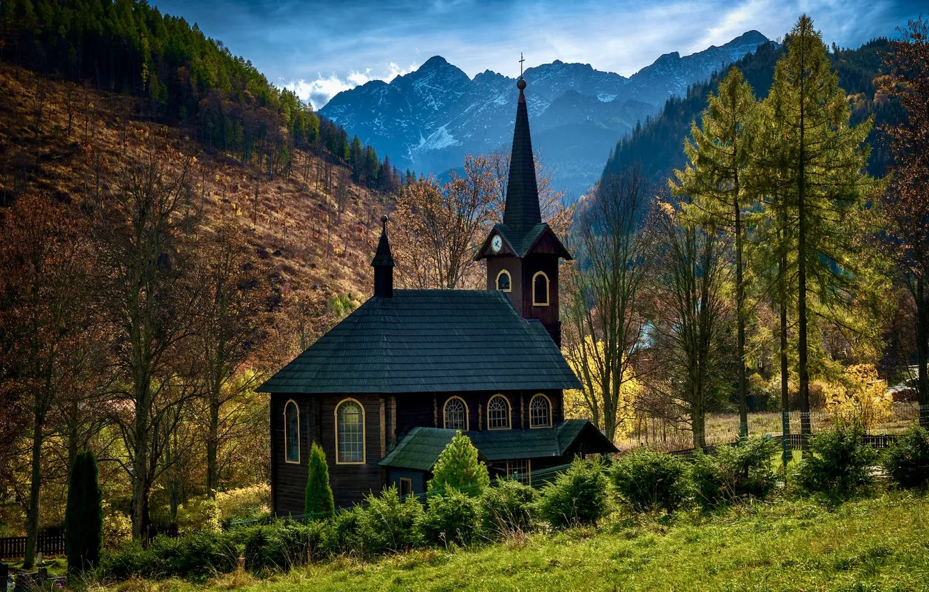 Photo wallpaper landscape, mountains, the Church