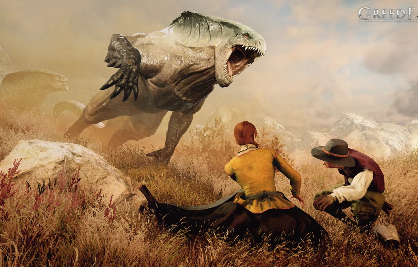 Photo wallpaper grass, people, stone, the game, attack, beast, game, GreedFall