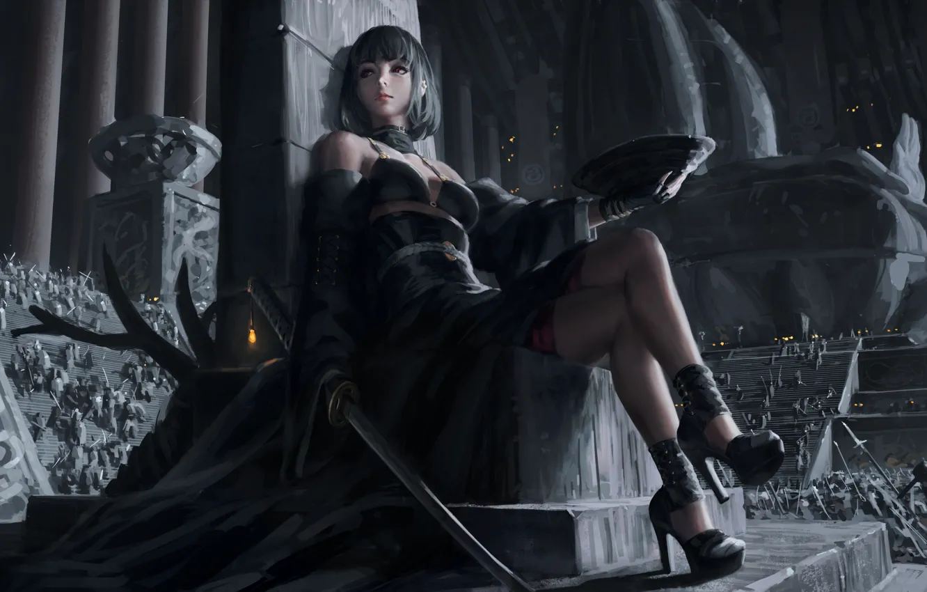 Photo wallpaper dark, girl, sword, fantasy, dress, weapon, red eyes, katana