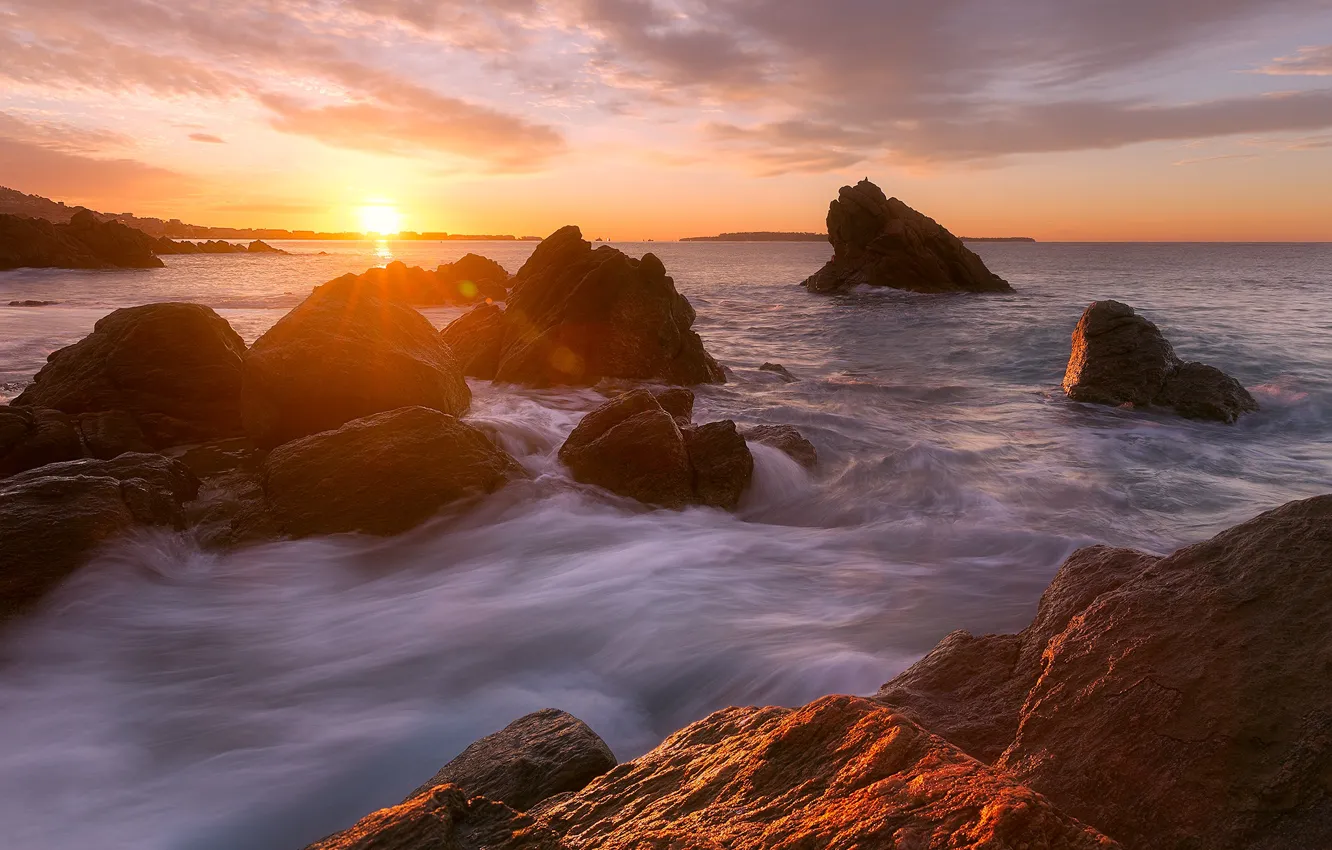 Photo wallpaper sea, wave, the sun, sunset, stones, shore, the evening