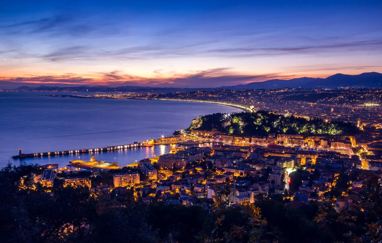 Photo wallpaper night, lights, France, port, Nice, the Bay of Angels