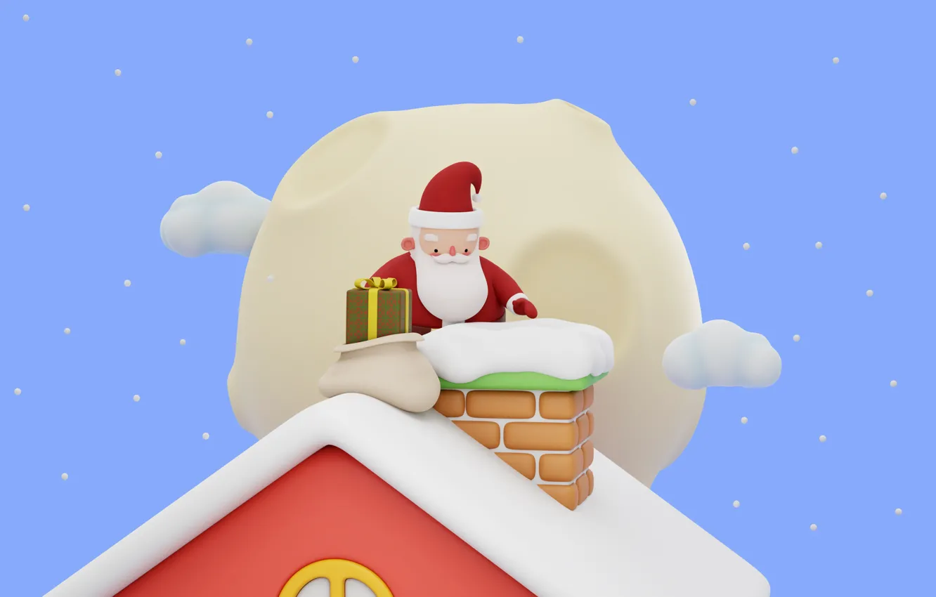 Photo wallpaper winter, roof, snow, night, rendering, gift, the moon, new year