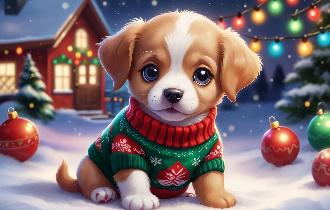 Photo wallpaper winter, snow, toy, tree, new year, dog, Christmas, puppy
