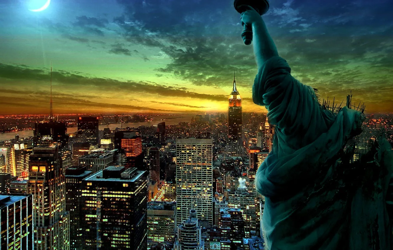 Photo wallpaper night, lights, New York, statue