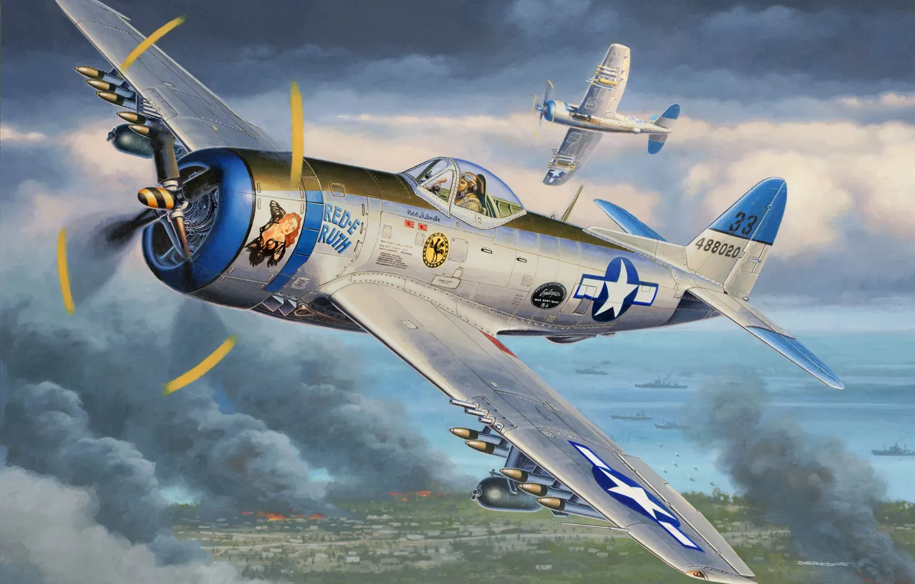 Photo wallpaper war, art, painting, drawing, ww2, illustration, american aircraft, P-47 Thunderbolt