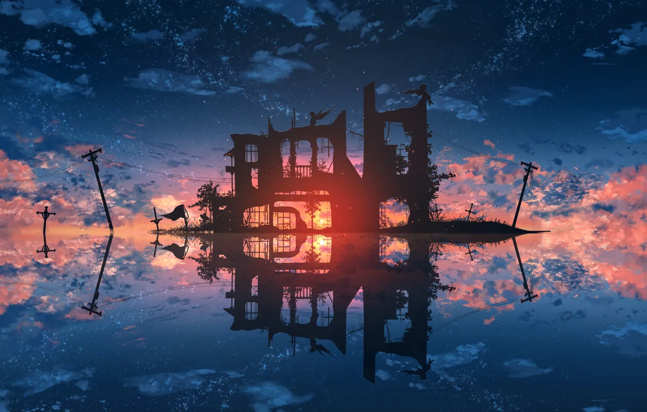 Photo wallpaper water, sunset, ruins, power lines