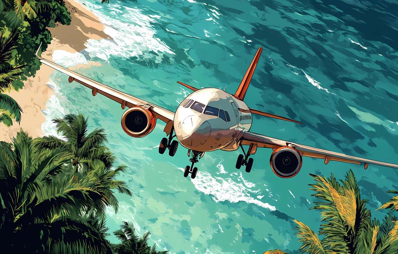 Photo wallpaper sea, style, retro, palm trees, Hawaii, the plane, liner, the rise