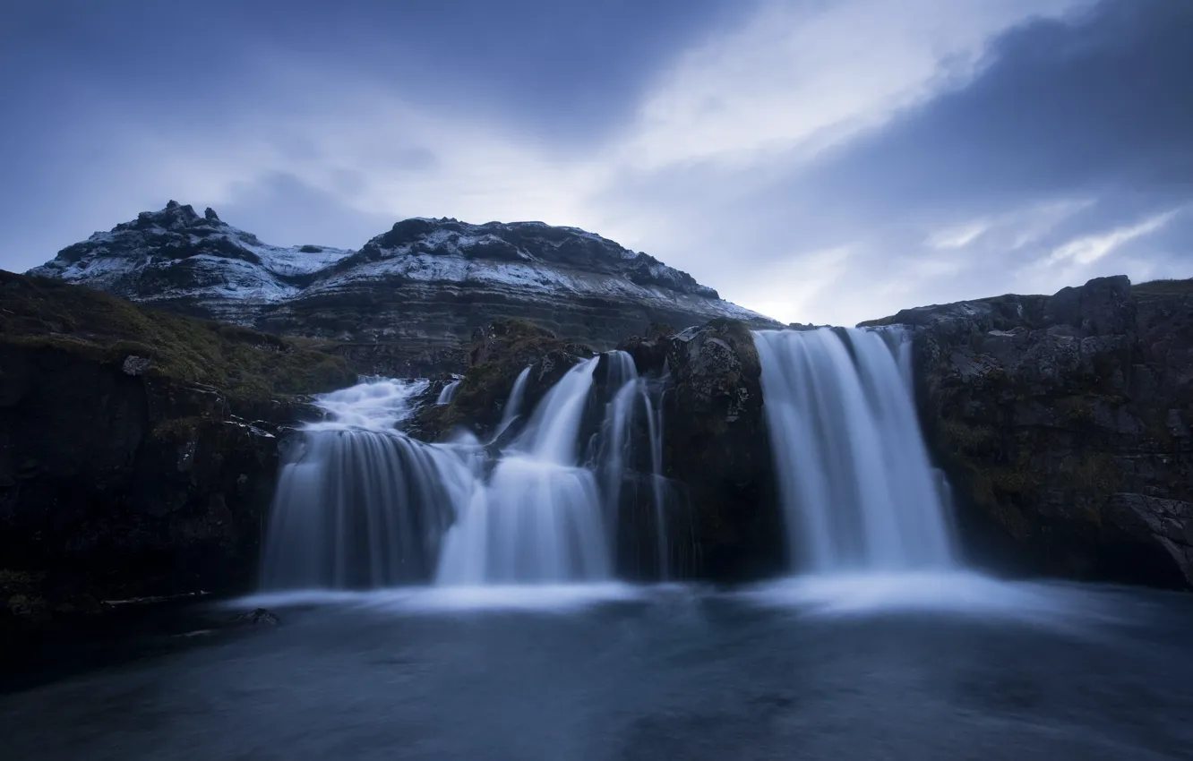 Photo wallpaper clouds, mountains, overcast, rocks, waterfall, pond