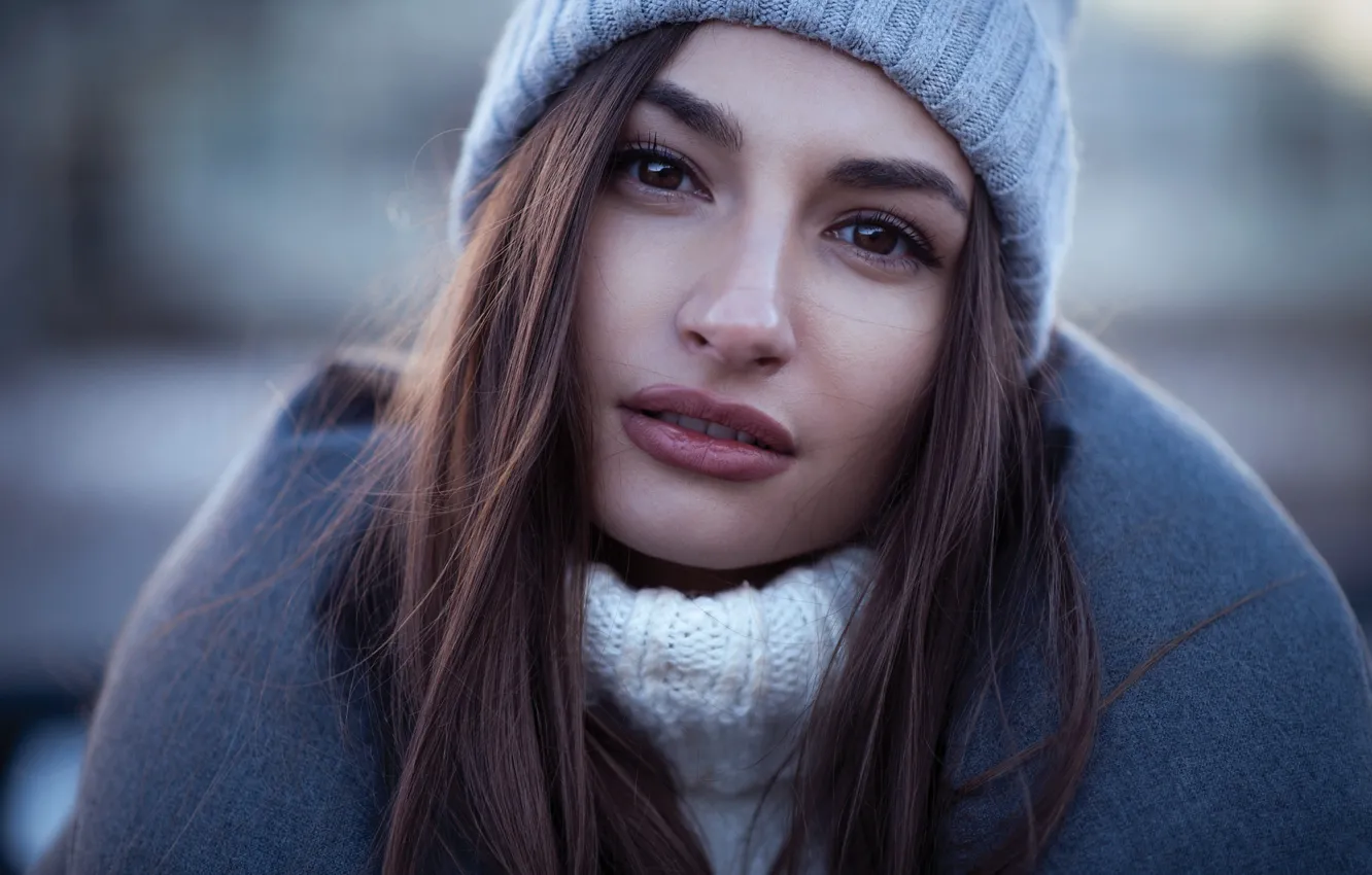 Photo wallpaper look, girl, face, hat, portrait, makeup, brunette, hairstyle
