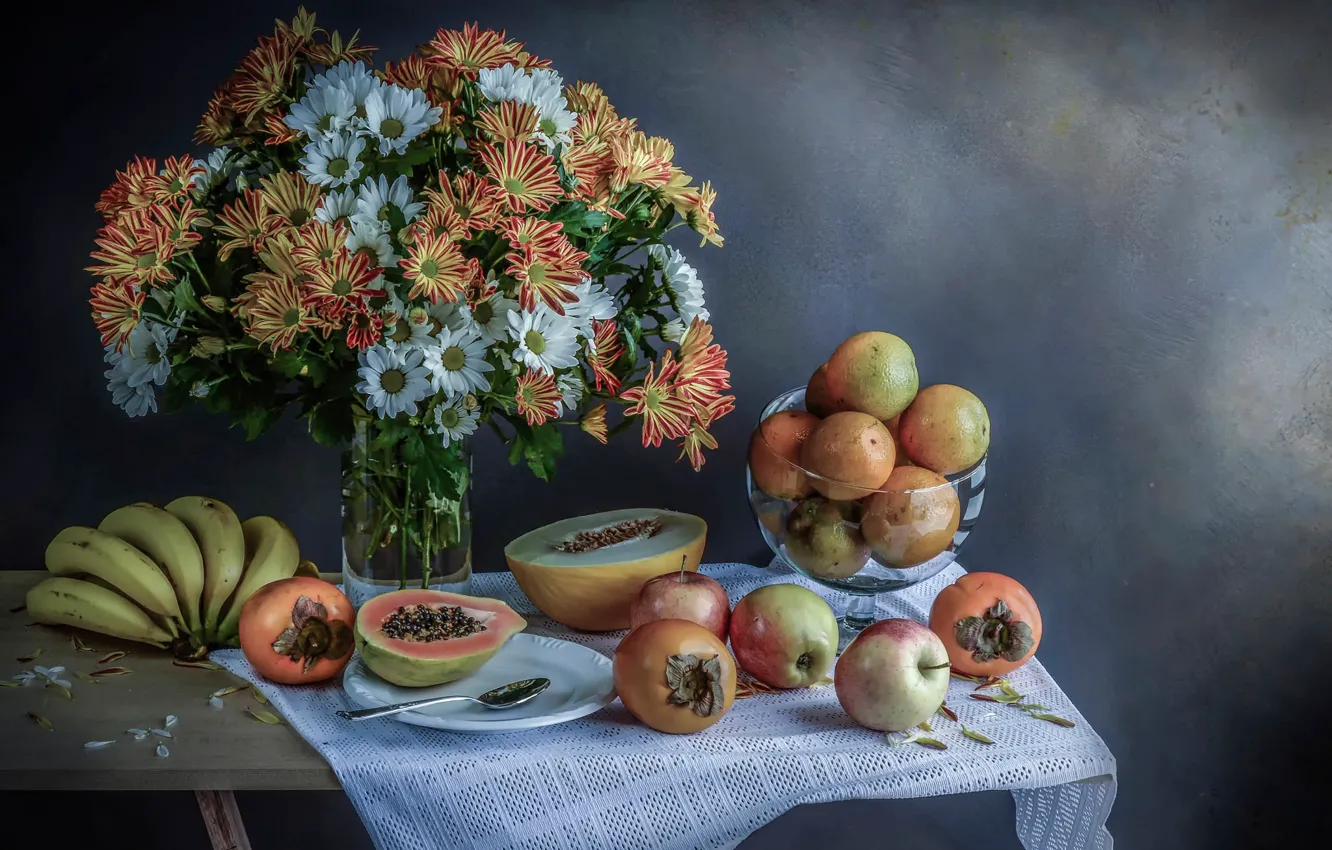 Photo wallpaper flowers, fruit, still life, Tropical colors
