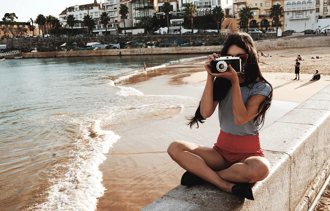 Photo wallpaper beach, pose, actress, the camera, sitting, photographs, Vanessa Hudgens, Vanessa Hudgens