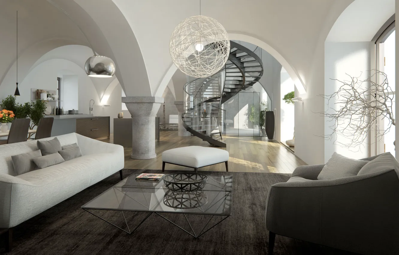 Photo wallpaper glass, furniture, Villa, interior, stage, spiral staircase