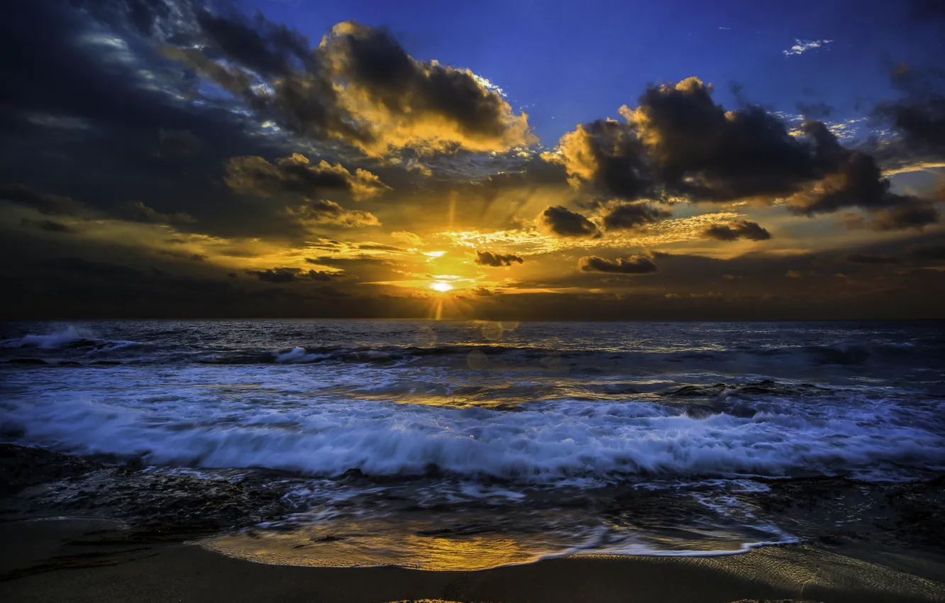Photo wallpaper the sun, sunset, surf, the Pacific ocean