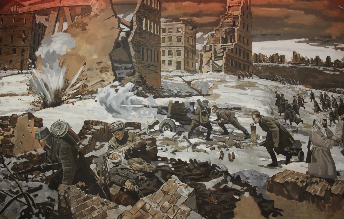 Photo wallpaper Winter, Snow, War, Ruins, Picture, Moscow, Soldiers, Fragment
