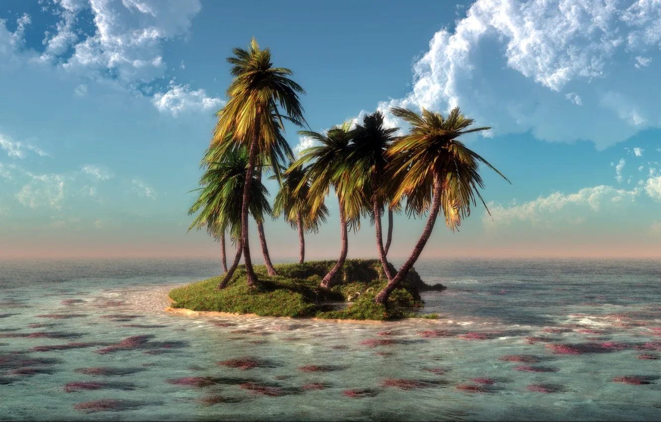 Photo wallpaper sea, water, clouds, nature, palm trees, island, corals, art