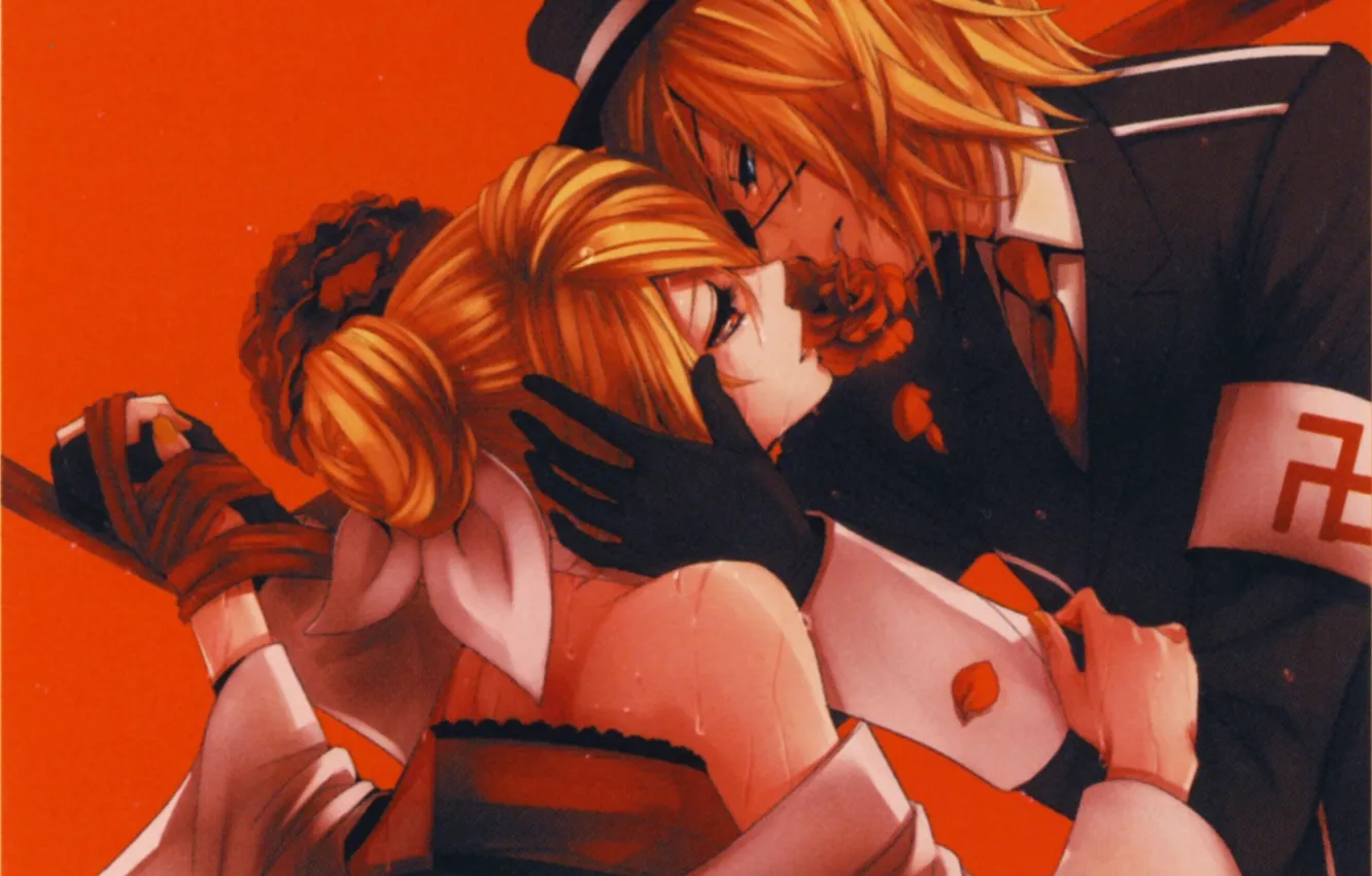Photo wallpaper kiss, hands, tears, gloves, vocaloid, Kagamine Rin, red background, art