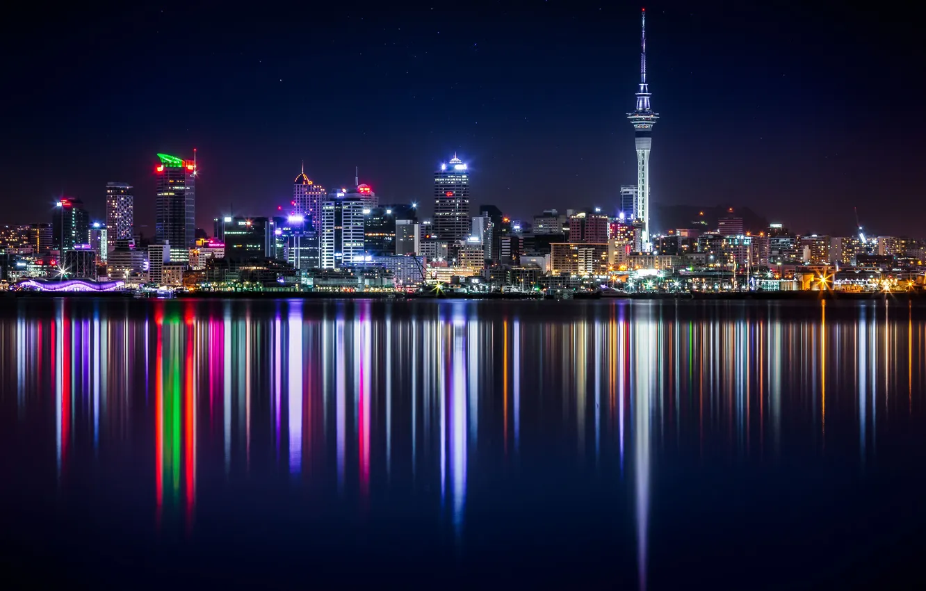 Photo wallpaper the sky, stars, night, lights, river, home, New Zealand, Auckland
