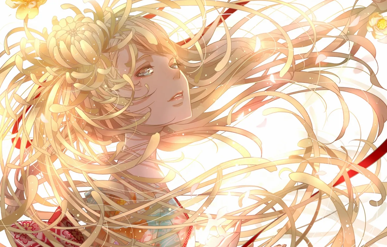 Photo wallpaper girl, flowers, hair, anime, petals, art