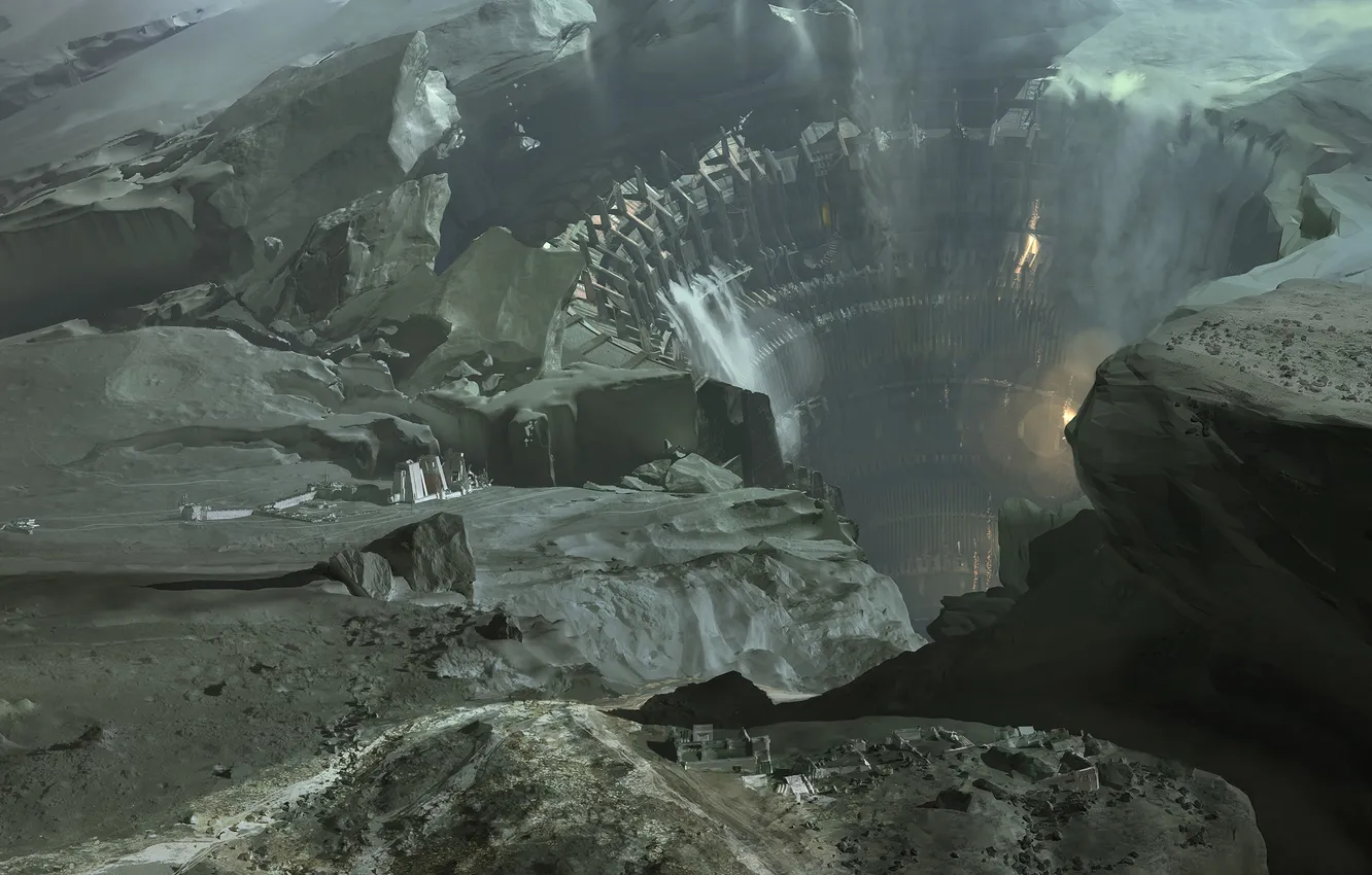 Photo wallpaper the city, rocks, planet, waterfall, hole, opening, gorge, Destiny