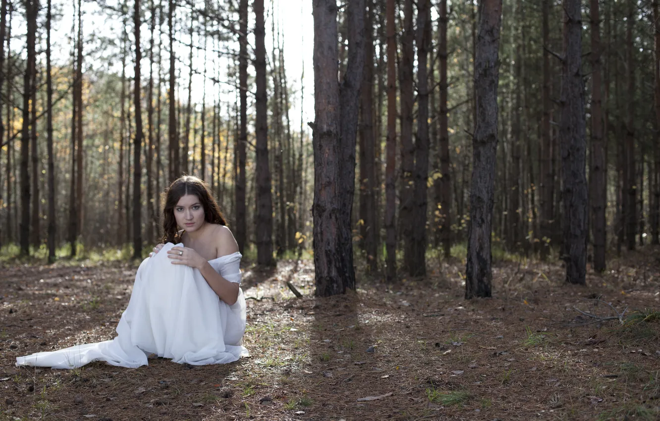 Photo wallpaper forest, look, girl, trees, dress, ring, brown hair