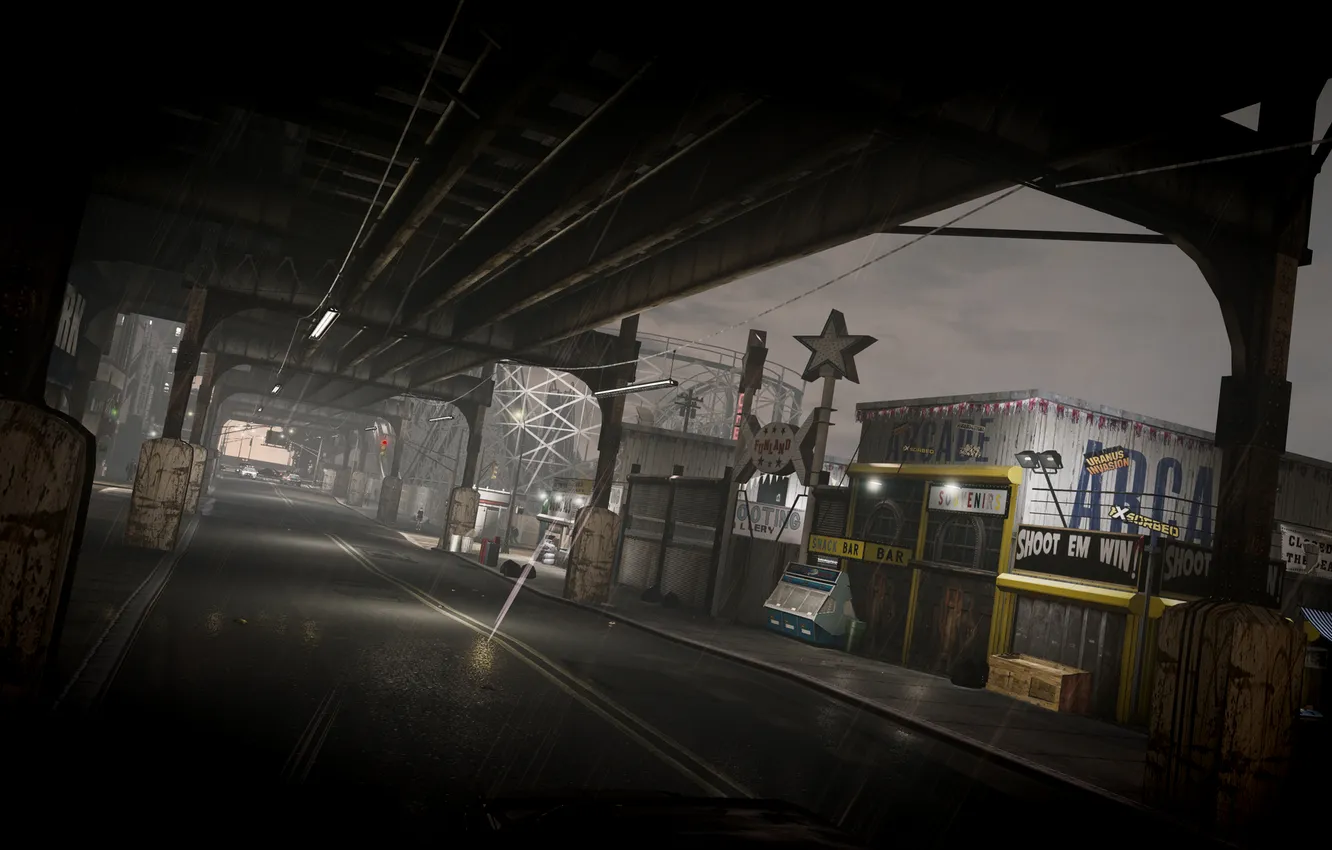 Photo wallpaper bridge, rain, street, building, art, gta4