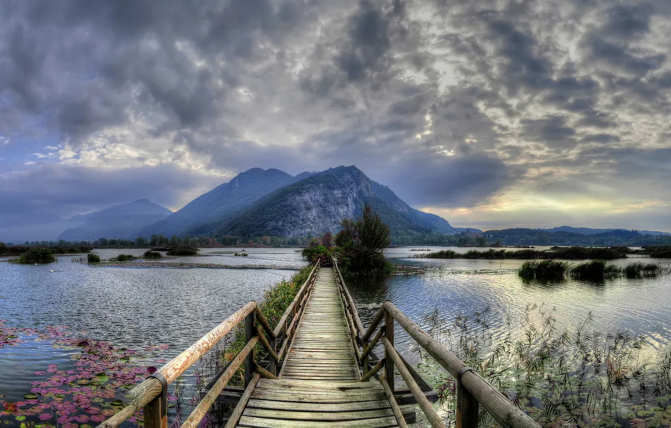 Photo wallpaper landscape, bridge, Italy, Lombardy, Clusane sul Lago