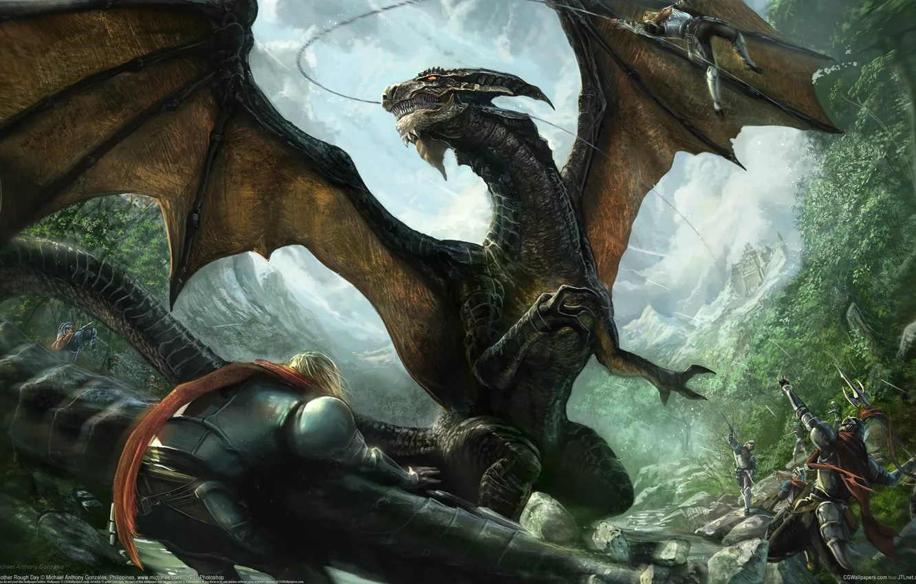 Photo wallpaper dragon, people, battle, Michael Anthony Gonzales