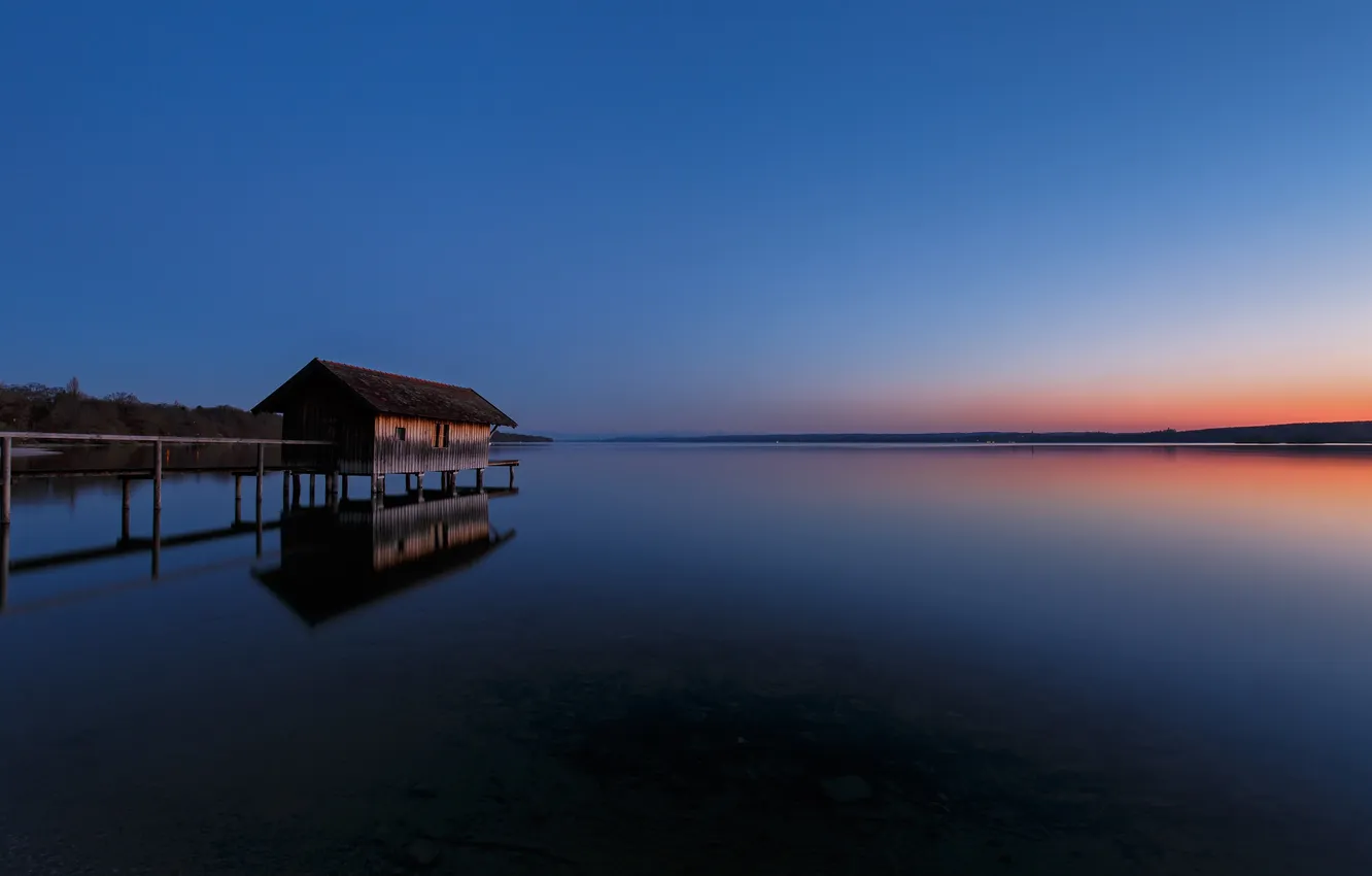 Photo wallpaper lake, the evening, glow, boathouse