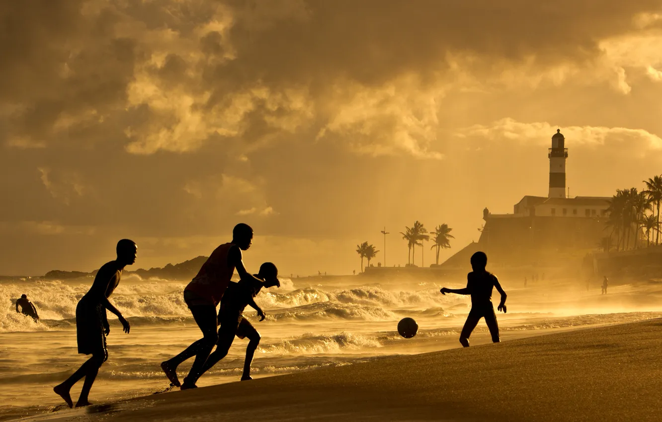 Photo wallpaper waves, beach, sunset, soccer, Brazil, Salvador, Bahia, Farol da Barra