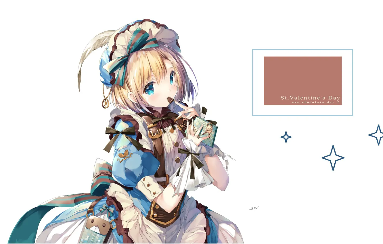 Photo wallpaper chocolate, white background, handbag, blue eyes, bow, cap, ruffles, valentine`s day