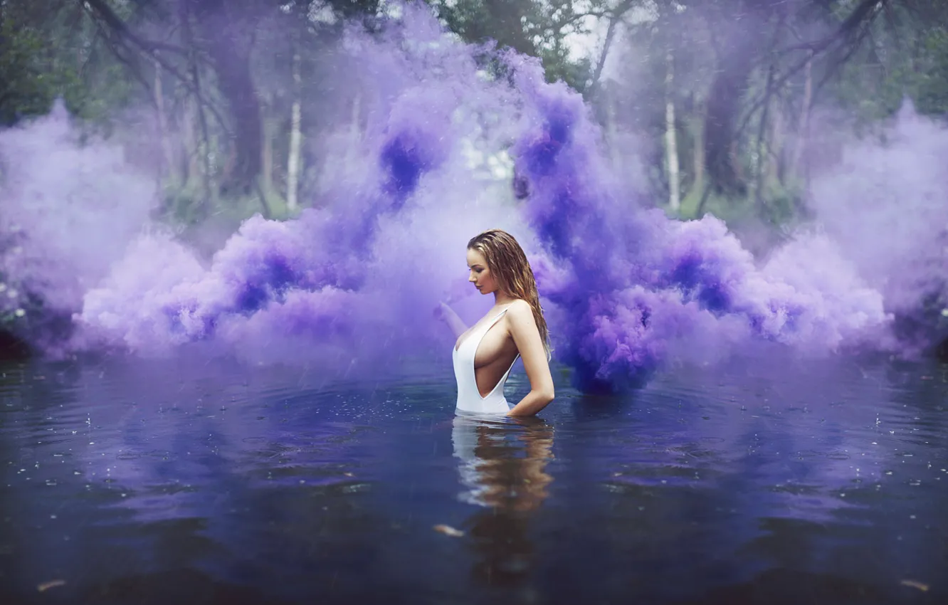 Photo wallpaper girl, rain, smoke, purple, pond