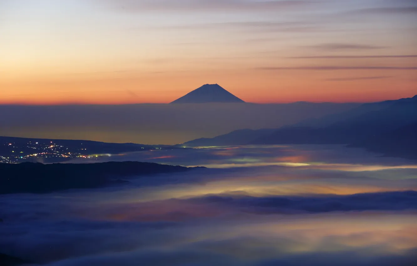 Photo wallpaper clouds, landscape, mountains, nature, the city, dawn, Japan, Fuji
