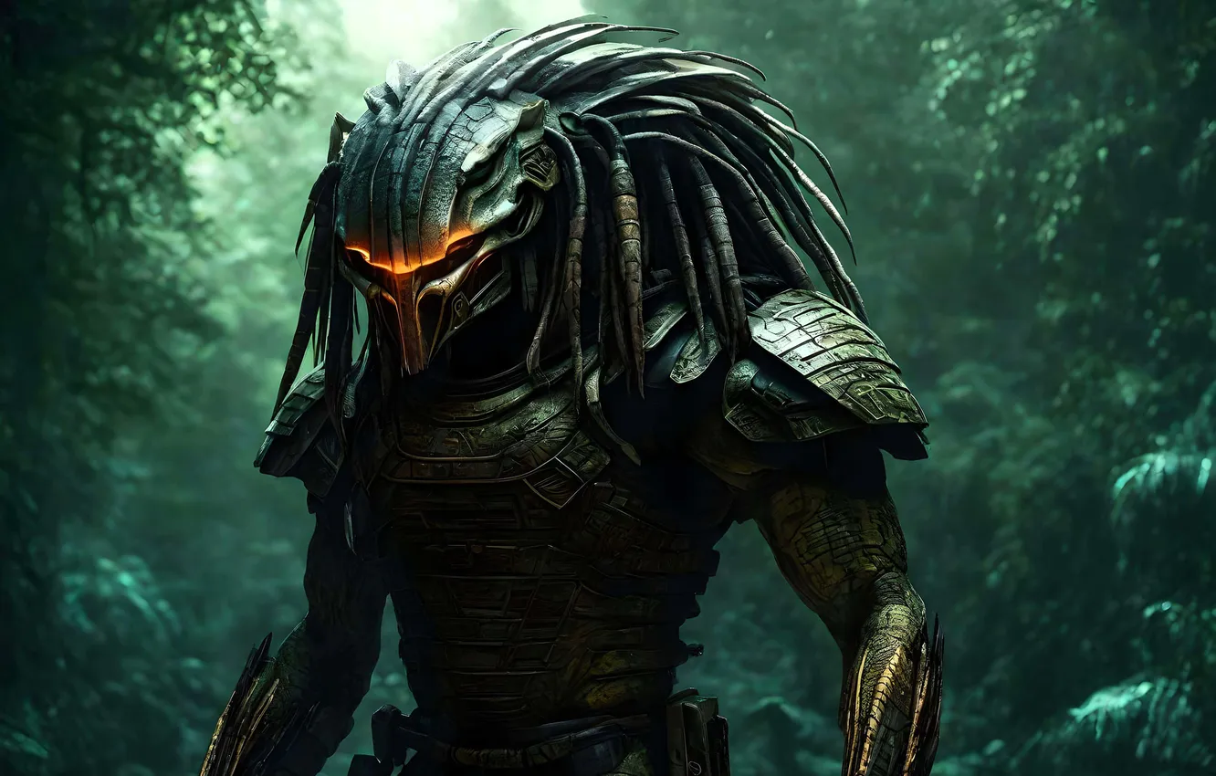 Photo wallpaper forest, monster, mask, jungle, Predator, armor, AI art