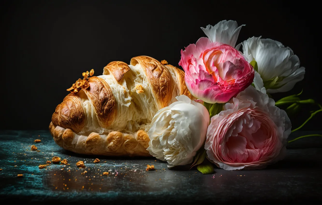 Photo wallpaper flowers, bouquet, croissant, AI art, neural network