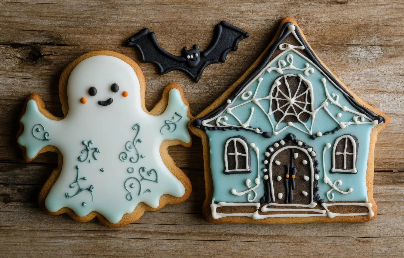 Photo wallpaper holiday, Board, cookies, Halloween, bat, house, Halloween, cookie