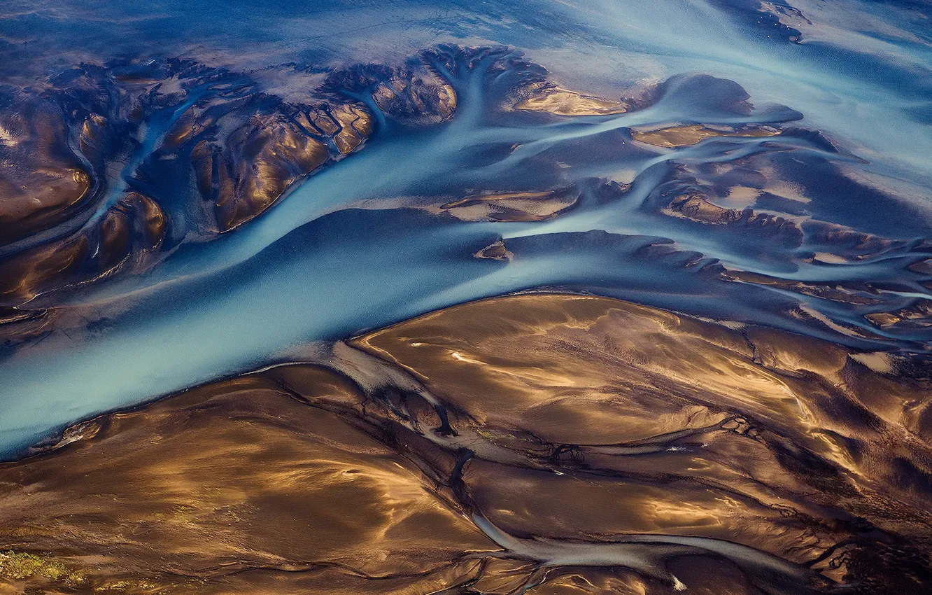 Photo wallpaper Iceland, threads, river, streams, glacial mud, volcanic dust, abstract landscape