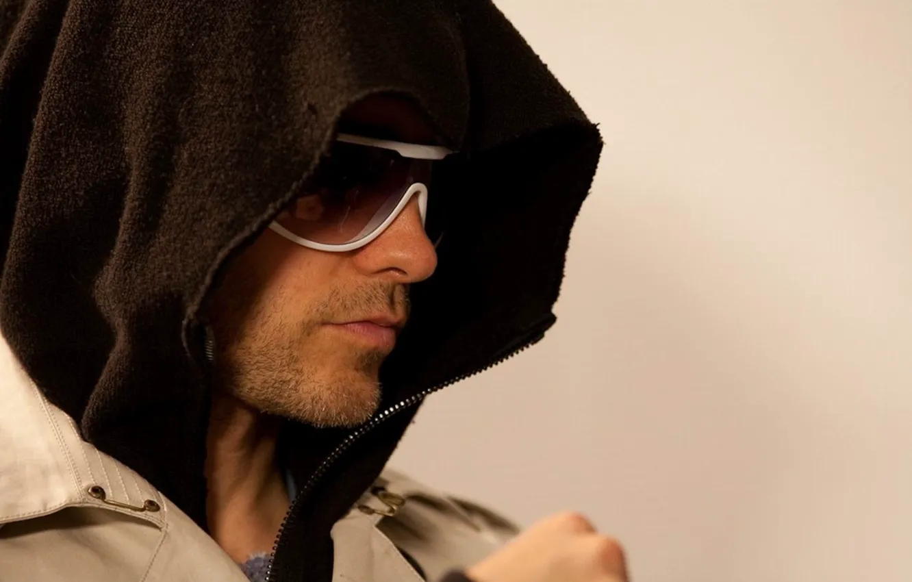 Photo wallpaper glasses, hood, musician, bristles, coat, Jared Leto