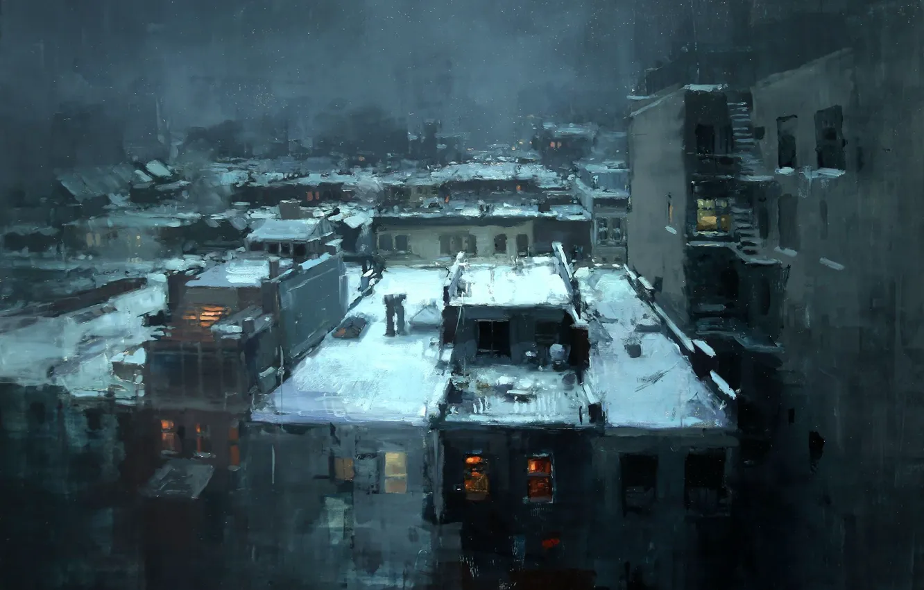 Photo wallpaper snow, roof, black, jeremy mann, rooftops in the snow, Noir city