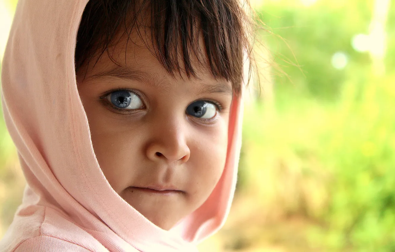 Photo wallpaper girl, blue, eyes, children, kid, little girl, hood