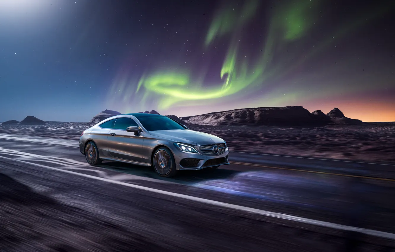 Photo wallpaper rendering, Mercedes-Benz, speed, Northern lights, AMG, C63, CGI, C-Class